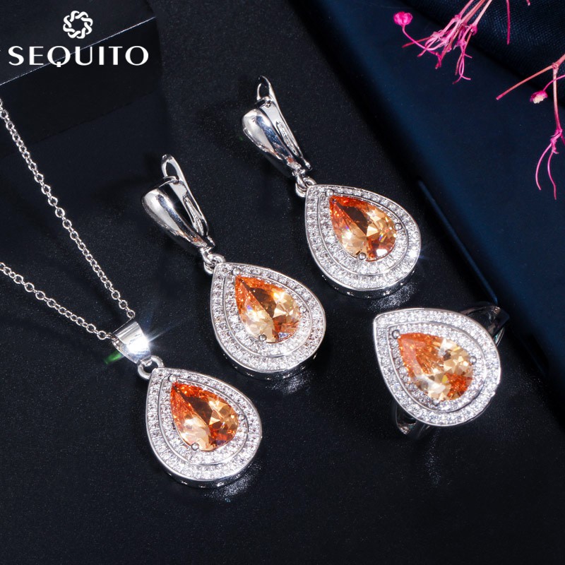 💎Bộ Trang Sức Gồm Dây Chuyền + Nhẫn + Bông Tai + Nhẫn + Đôi Màu Vàng Trắng Đính Đá Zircon J076