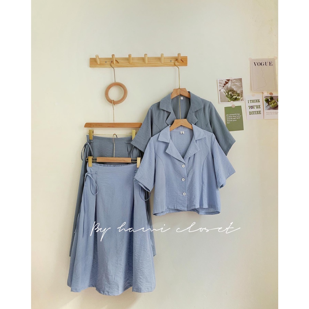 Set áo sơ mi cổ vest kèm chân váy buộc dây eo mã HDhami0501