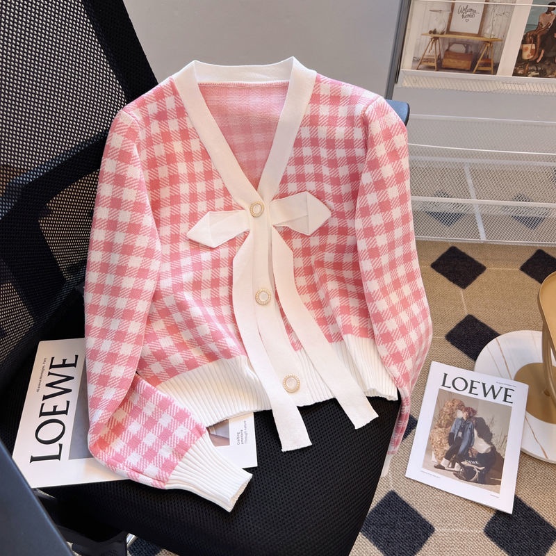 Áo Khoác Cardigan Dệt Kim Cổ Chữ V Thắt Nơ Họa Tiết Sọc Caro Thời Trang Mùa Thu