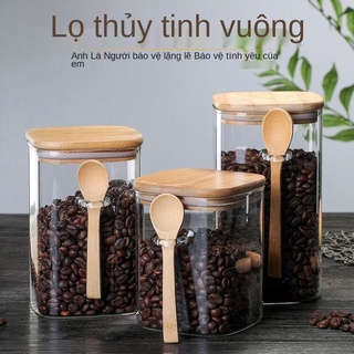 Hộp đựng trà bằng thủy tinh vuông kín gió kiểu Nhật Bản với hộp đựng thìa gỗ gia vị hộp đựng hạt cà phê Bình bảo quản th