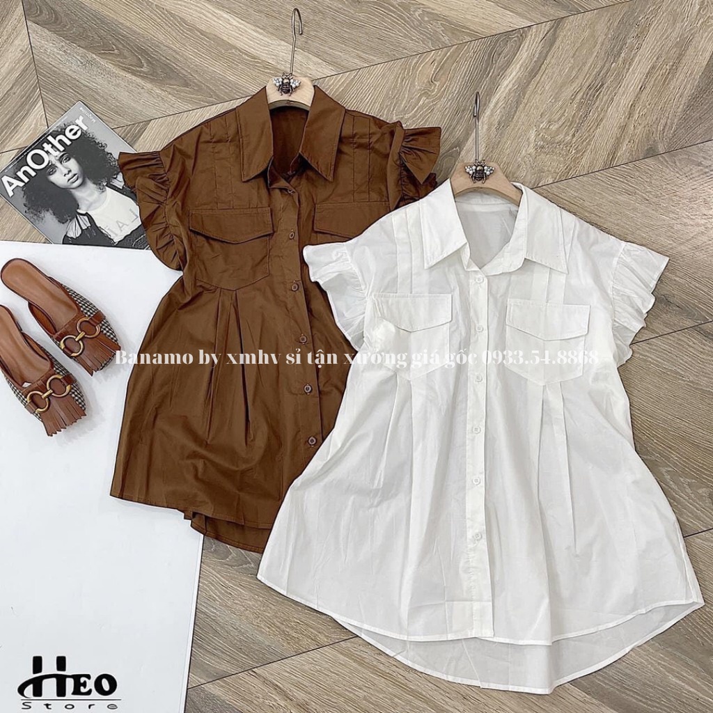 Áo sơ mi nữ cộc tay bèo cánh tiên hàng thiết kế thời trang Banamo Fashion sơ mi cộc tay bèo cánh tiên 3931