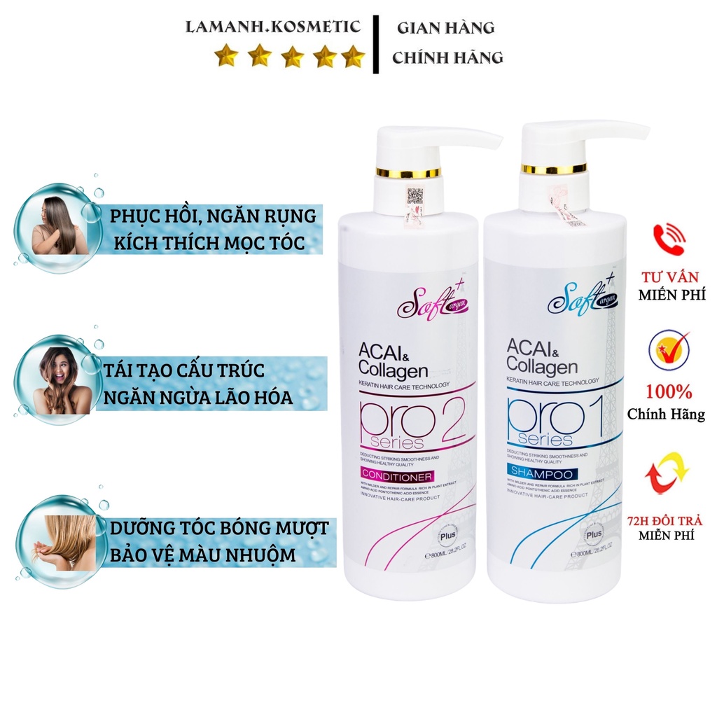 Dầu Gội  Acai & Collagen Argan Soft+ kiềm dầu siêu phục hồi mềm mượt chống rụng tóc hương thơm nước hoa cặp 800ml