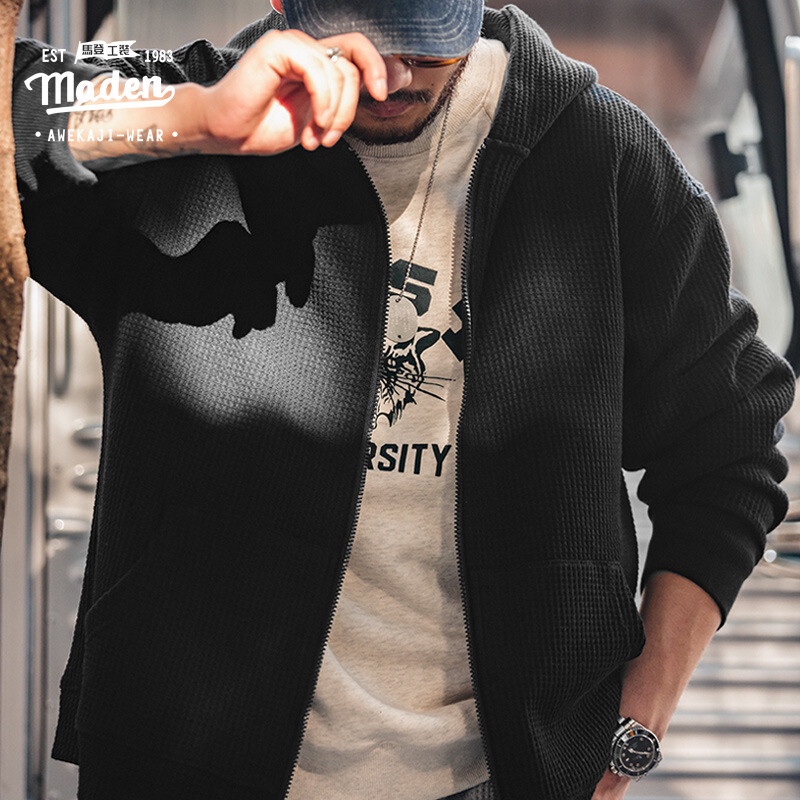 Áo khoác cardigan Maden có mũ trùm đầu dệt kim thiết kế đơn giản phong cách Nhật Bản retro cho nam
