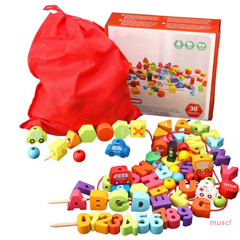 Set 75 Hạt Gỗ Xỏ Dây Nhiều Màu Sắc Đồ Chơi Cho Bé 1 Tuổi