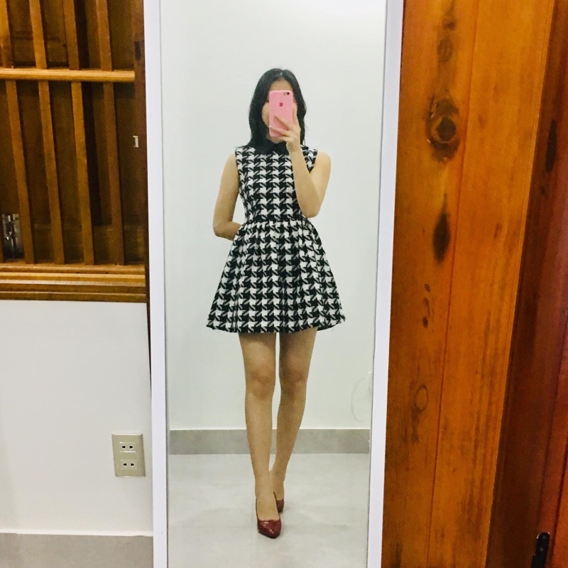 Đầm dự tiệc Korea, đầm dáng xòe cổ peter pan, chất dạ cao cấp(2hand)