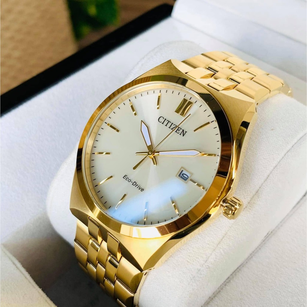 Đồng hồ Nam Citizen Eco Drive BM7332-61P Size 40mm,Mặt trắng,Lịch ngày-Năng lượng ánh sáng-Dây kim loại mạ vàng cao cấp