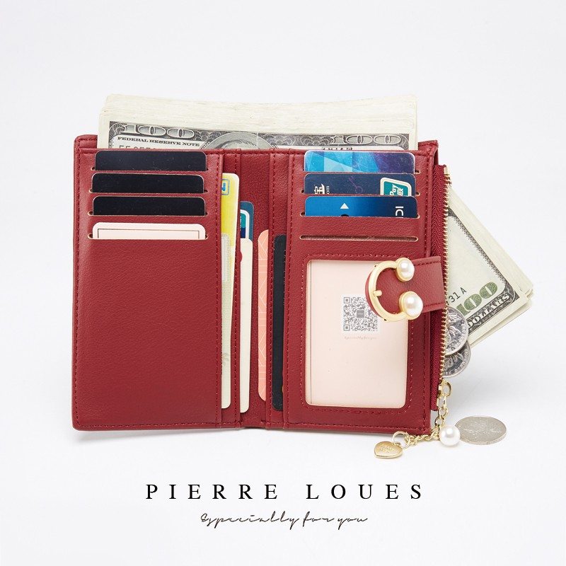 Ví cầm tay PIERRE LOUES dáng ngắn màu trơn phối khóa kéo thời trang thanh lịch cho nữ