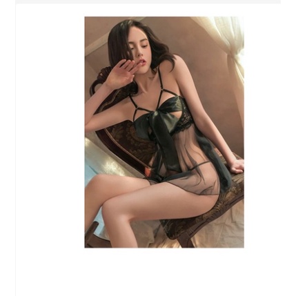 Tặng kèm chip - Váy ngủ ren xuyên thấu có gọng thắt nơ quyến rũ 034