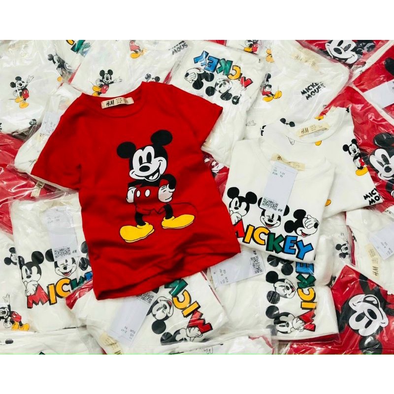 Combo 3 áo thun, áo phông hình chuột Mickey 2 màu đỏ trắng cho bé trai bé gái (9-24kg)-chất mềm, mát hoạ tiết hoạt hình