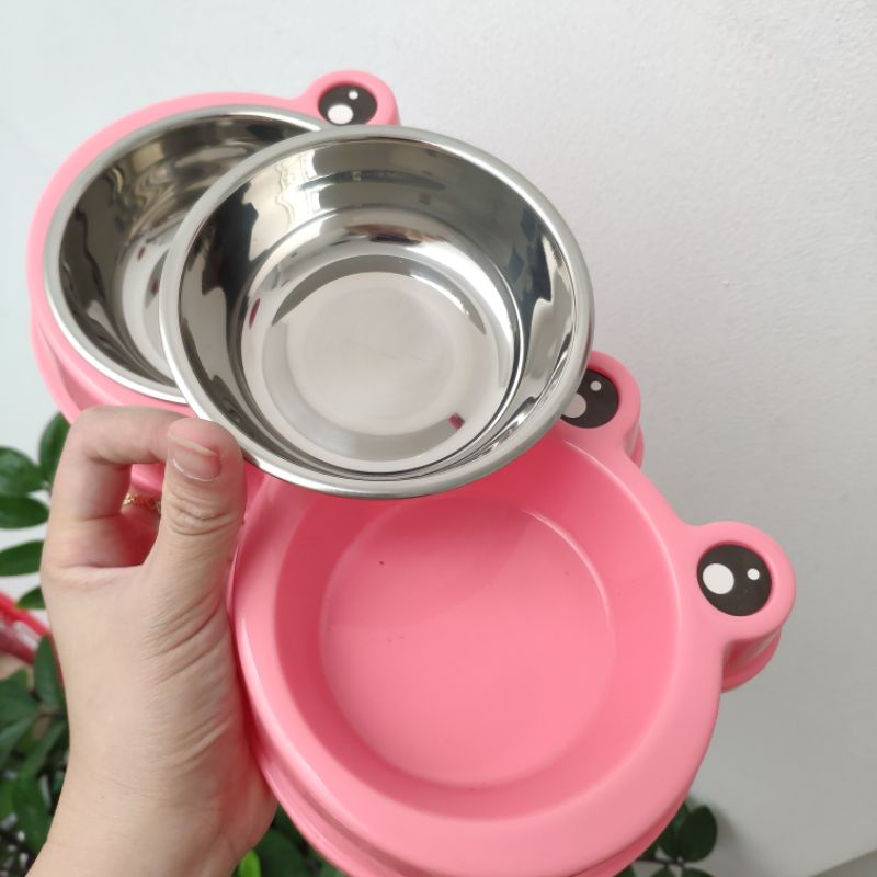 Bát ăn đôi hình ếch cho mèo, có thể tháo rời dễ dàng vệ sinh