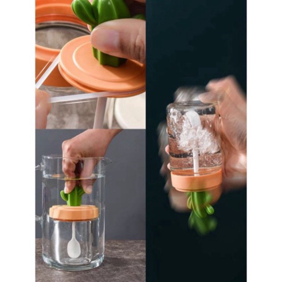 Hũ đưng gia vị thủy tinh xương rồng lọ gia vị dung tích 240ml có thìa nắp + kệ cao cấp