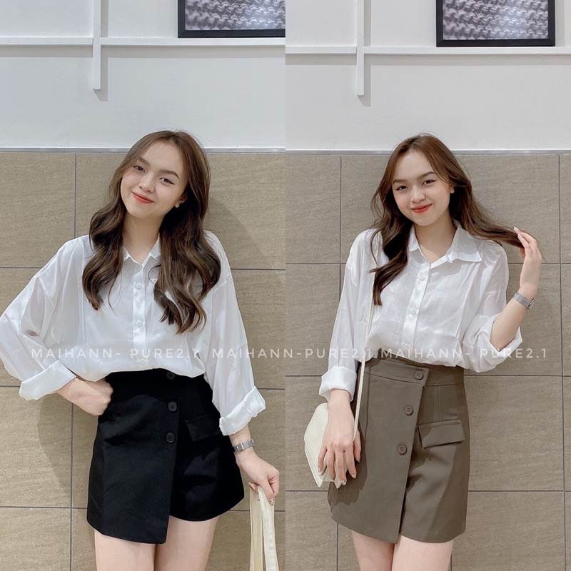 Quần giả chân váy ba khuy vạt lệch thô mịn