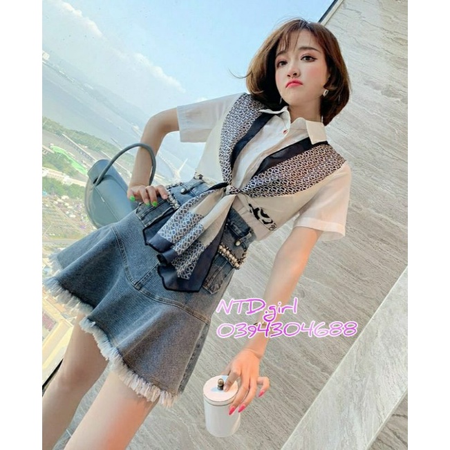 Hàng nhập - Set bộ nữ xì tin gồm chân váy jean và áo kiểu, sét đồ thời trang áo váy bò