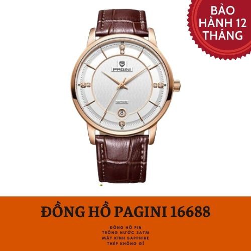 Đồng hồ nam PAGINI cao cấp dây da thật mặt tròn – Mặt kính chống xước - PA16688