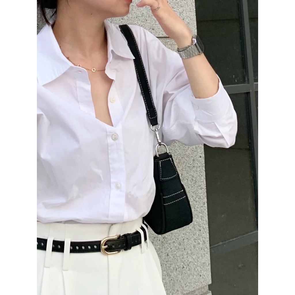 Áo Sơmi basic chất cotton thô tay dài freesize phong cách Hàn