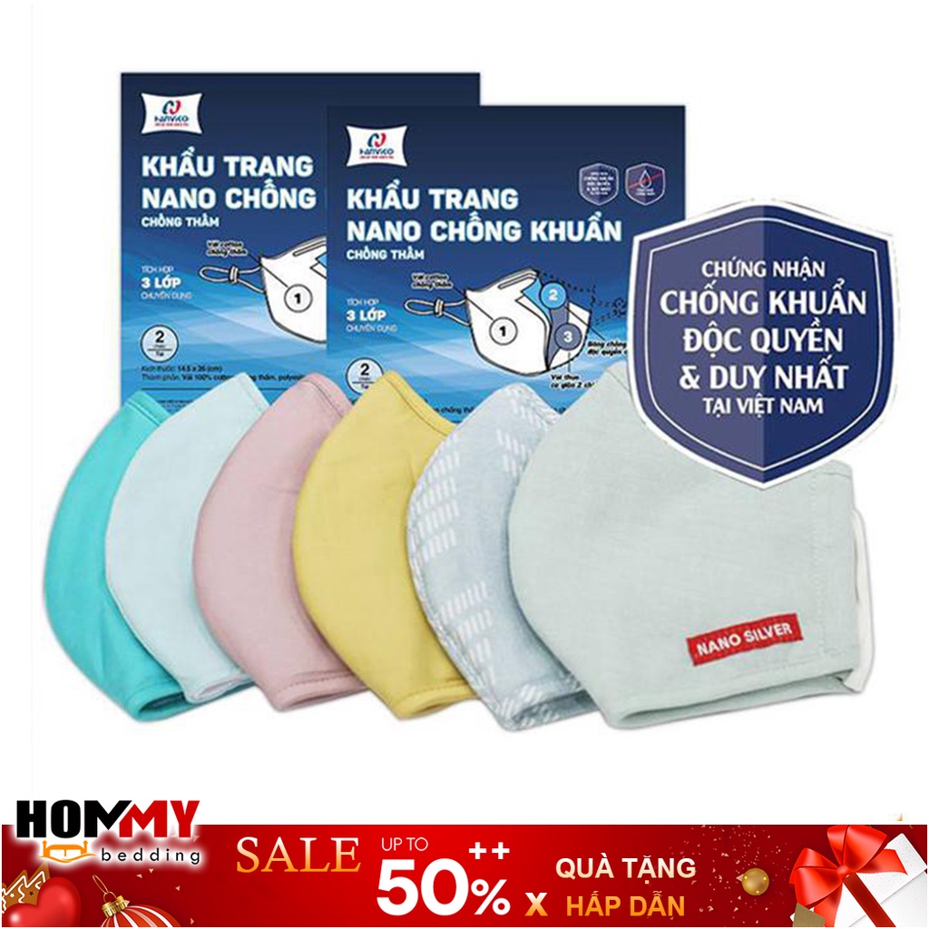 [Nhiều Mẫu] Combo 2 Chiếc Khẩu Trang Người Lớn 3 Lớp Vải Kháng Khuẩn Nano Bạc Hanvico