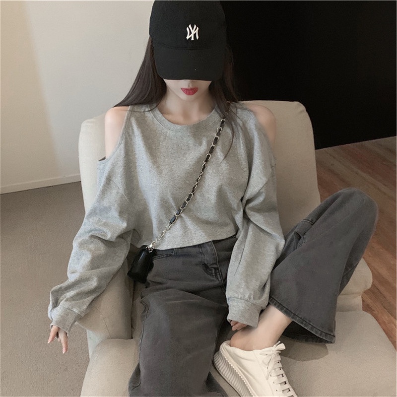 Áo Croptop Aimeehouse Áo thun nữ Tay Dài Trễ Vai Quyến rũ hàng Quảng Châu