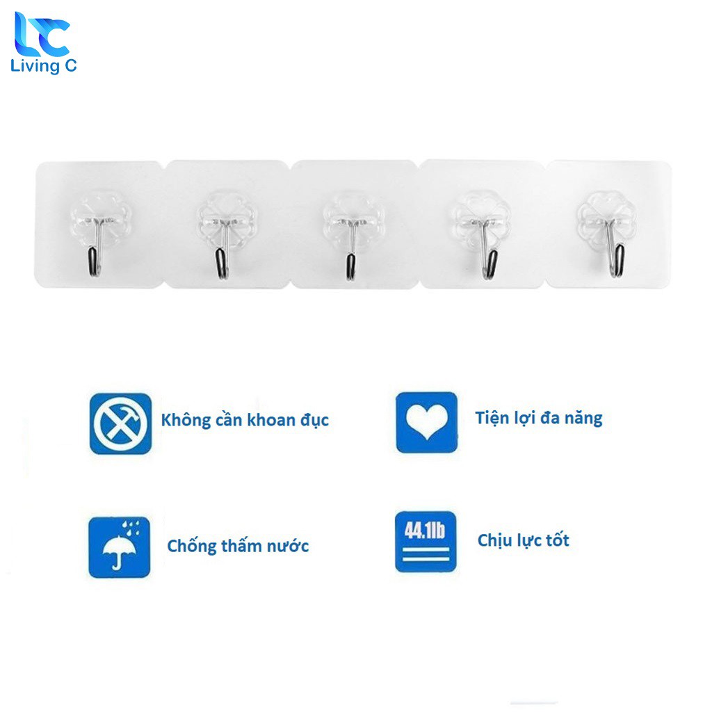 Thanh 5 móc treo đồ dán tường siêu dính chịu lực đa năng chống thấm Living C _5M