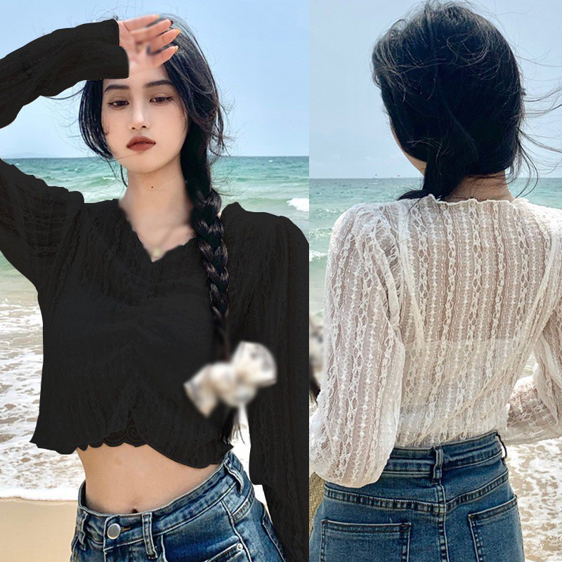 Áo Tay Dài Phối Ren Hoa Thiết Kế Cổ Chữ V Quyến Rũ