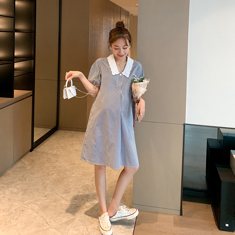 Váy đầm bầu sọc kẻ cổ sơ mi thiết kế công sở, dự tiệc cho mẹ bầu phong cách hàn quốc sang trọng lịch sự mới mùa hè