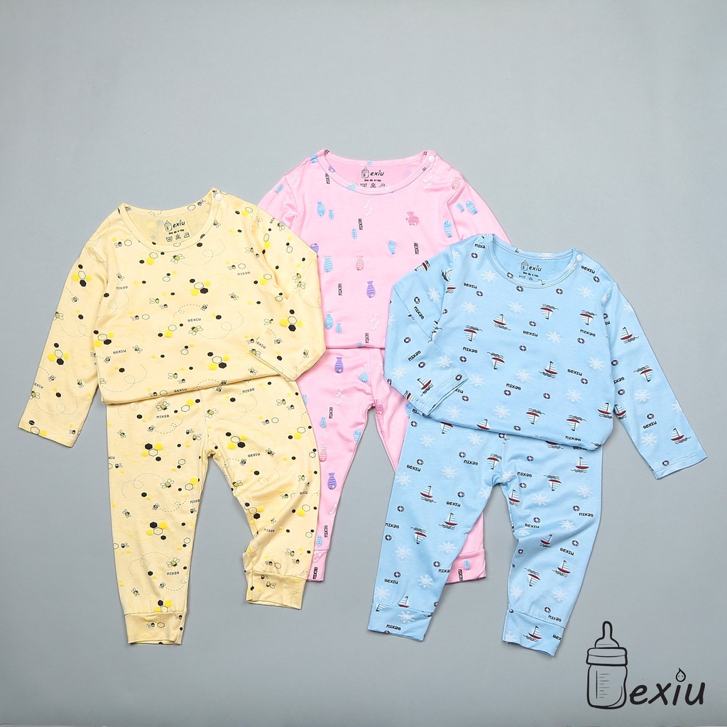 [Bé 5-19kg] Bộ dài tay thun lạnh nút cài vai Bexiu Bé Xíu trắng in hình bò sữa cho bé trai bé gái từ 5-19kg