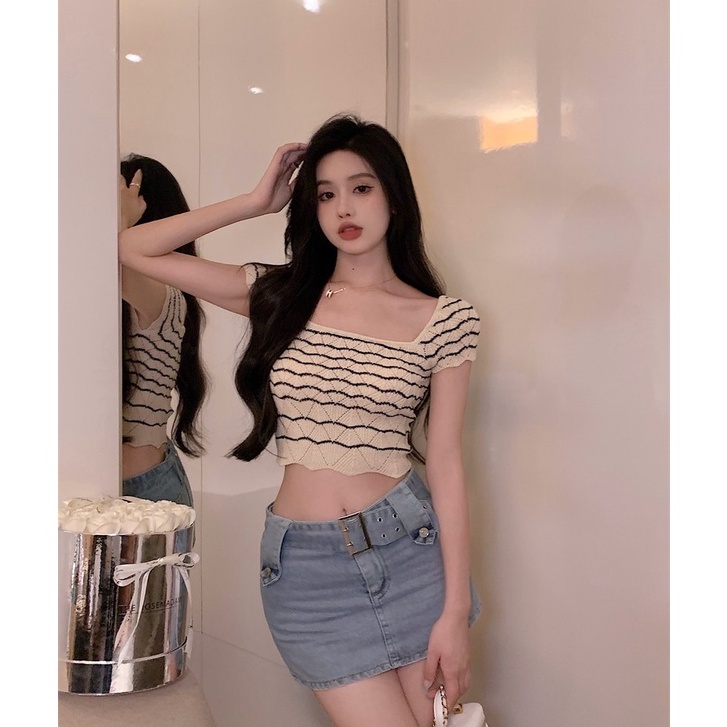 Porozi  Đầm dệt kim cổ vuông dáng ôm/Áo dệt kim  họa tiết sọc phong cách Hàn Quốc thời trang quyến rũ cho nữ