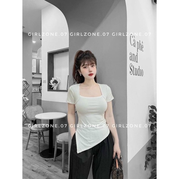 Áo thun nữ dáng ôm cổ vuông vạt lệch nhọn, Áo kiểu thun dẻo co giãn AT12 - NhiNhi Shop