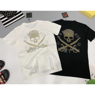 Áo thun nam đính đá đầu lâu cổ tròn tay ngắn chất đẹp thun co dãn 4 chiều 2 màu trắng đen cao cấp(hình thật tự chụp)