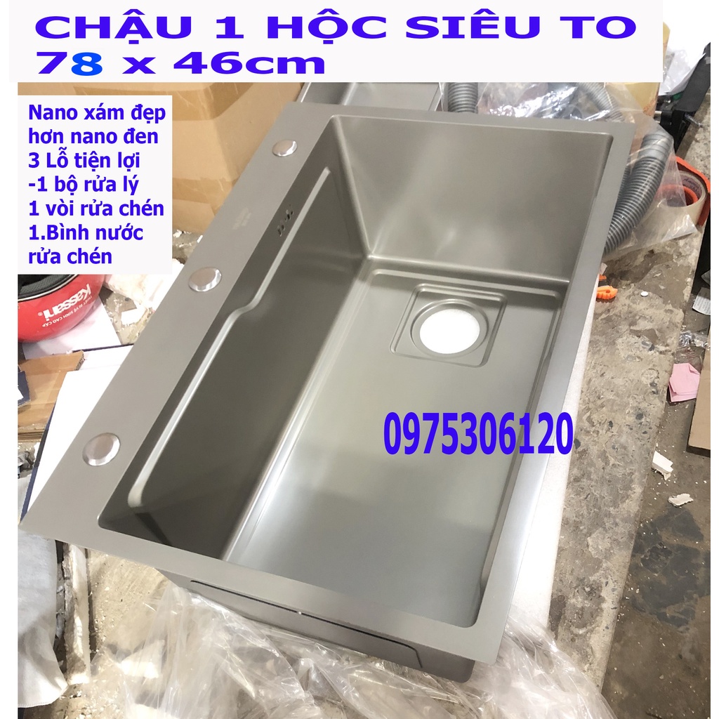 Chậu Rửa Chén Bát 1 hộc CAO CẤP PHỦ NANO CHỐNG TRẦY N18 7846 6846 NANO XÁM và KHAY và xả