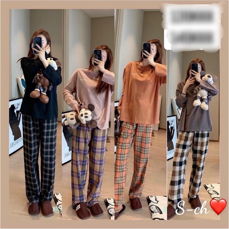 Bộ Ngủ Nữ Cotton Dài Tay Áo Trơn Quần Caro- Pijama Hottrend siêu xinh (hàng đẹp)