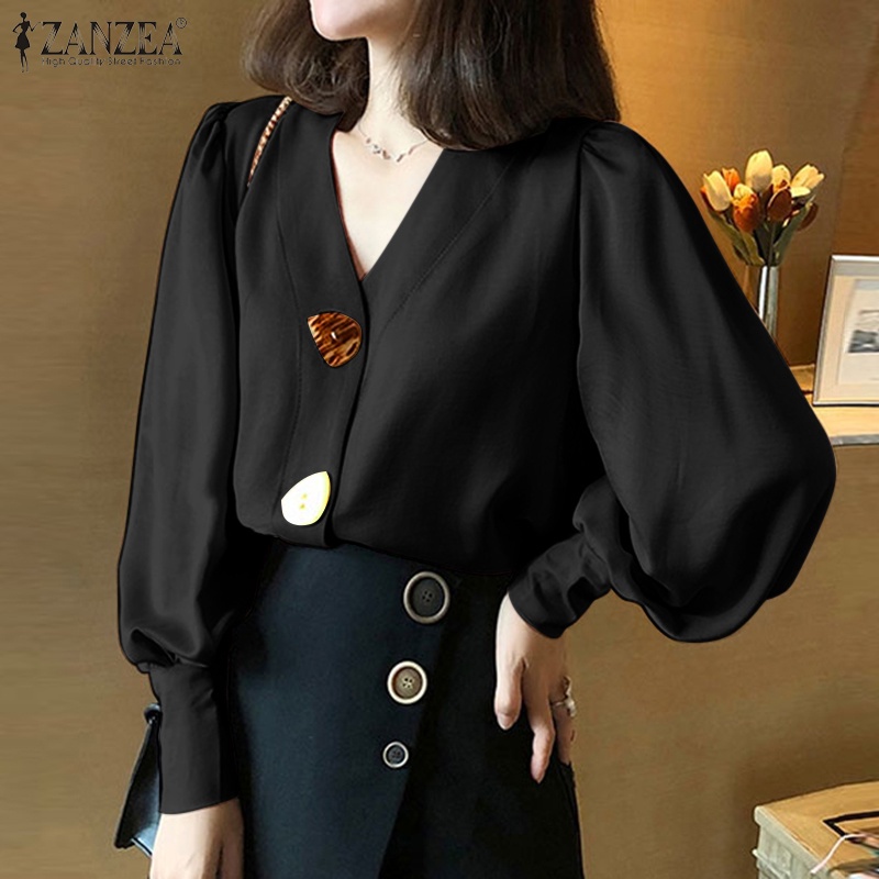 Áo kiểu ZANZEA cổ chữ V tay dài màu trơn thanh lịch phong cách Hàn Quốc thời trang đường phố dành cho bạn nữ