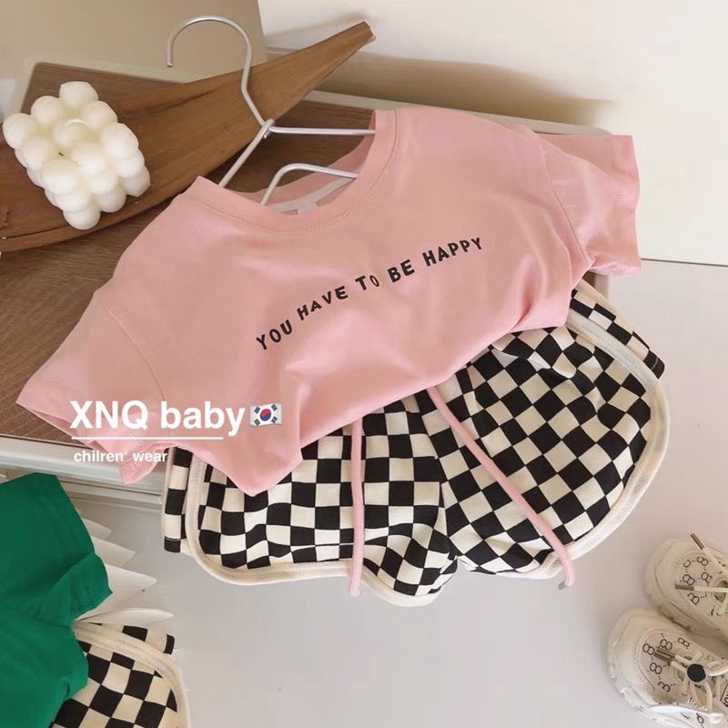 Set Áo Thun Ngắn Tay Form Rộng Và Quần Short Họa Tiết Ca Rô Thời Trang Dành Cho Nữ