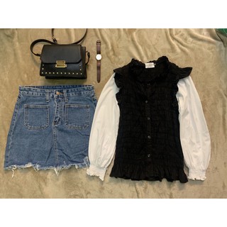 Áo sơmi mix trăng đen hàng hàn + chân váy bò sz M thanh lý