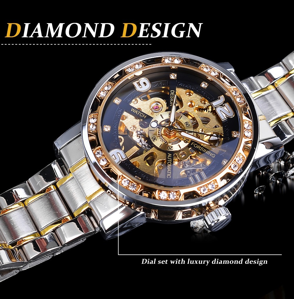 Forsining Đồng Hồ Đeo Tay Cơ Khí Bằng Thép Không Gỉ Màu Vàng Kim Cương Thời Trang Dành Cho Nam