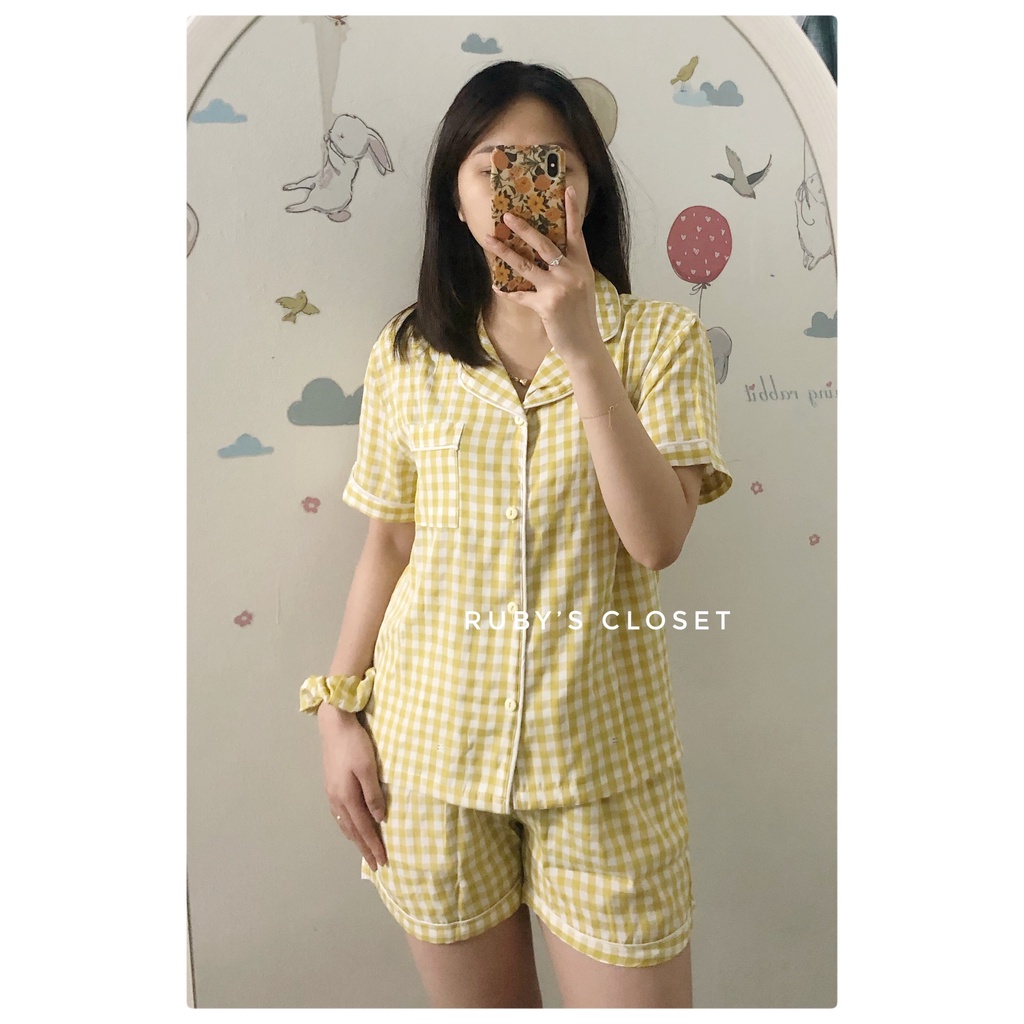 Bộ pijama nữ cộc tay kẻ nhiều màu, Đồ bộ nữ mặc nhà kèm chun buộc tóc