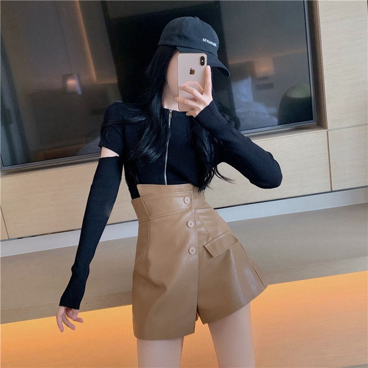 Cchân váy ngắn da PU/ áo dệt kim khóa kéo thời trang | BigBuy360 - bigbuy360.vn