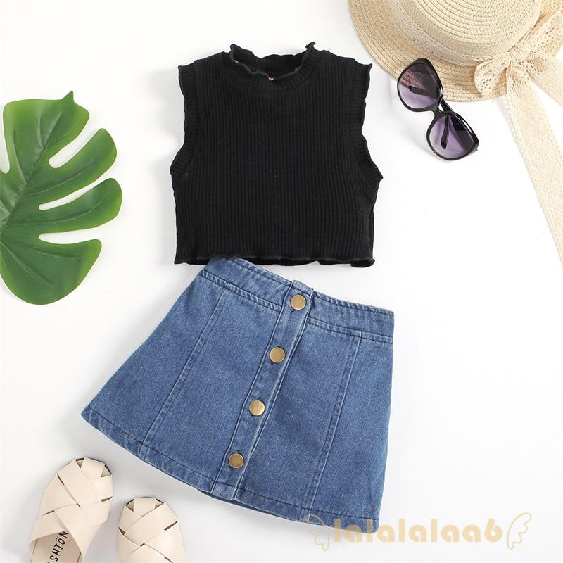 Set Áo Tank Top Trơn Màu Đen + Chân Váy Chữ A Thời Trang Mùa Hè Dành Cho Bé Gái 2-7 Tuổi