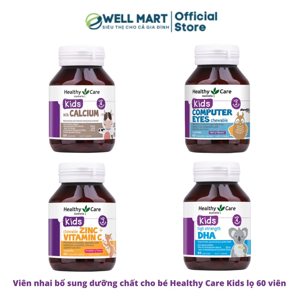 Viên nhai tăng đề kháng cho bé Healthy Care Kids Zinc + Vitamin C 60 Chewable tablets