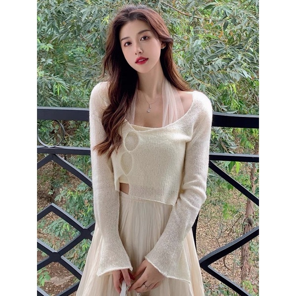 Set áo ống cột nơ + áo khoác ngoài mặc được 2 kiểu