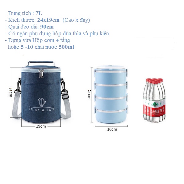 Túi đựng cặp lồng cơm văn phòng 4 tầng giữ nhiệt, chống thấm hình trụ tròn