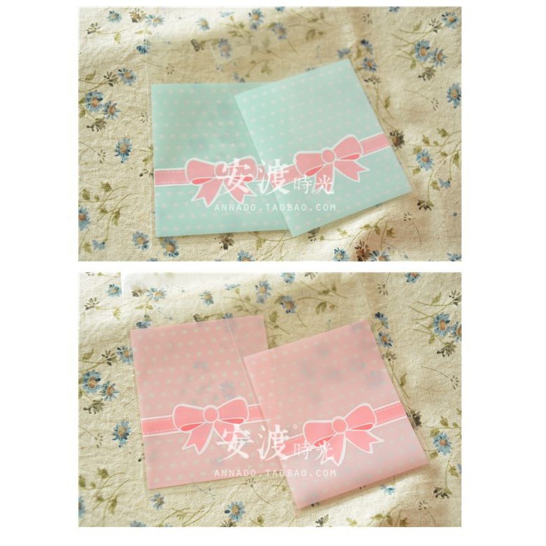 Set 10 túi kiếng đựng bánh cookie, quà tặng nơ hồng xanh 7 x 10 cm