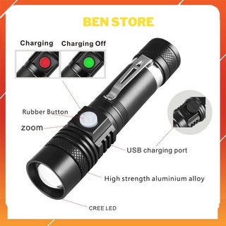 Đèn pin siêu sáng T6 cầm tay sử dụng pin sạc 18650 sạc USB micro.