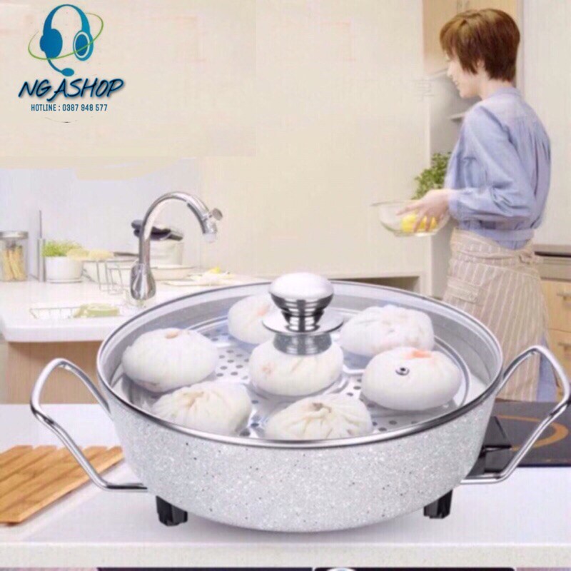 Chảo lẩu điện đa năng osaka nồi lẩu tròn vân đá kèm hấp xửng 30cm