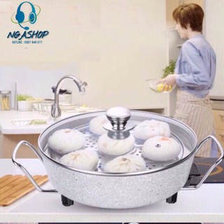 Chảo lẩu điện đa năng osaka nồi lẩu tròn vân đá kèm hấp xửng 30cm