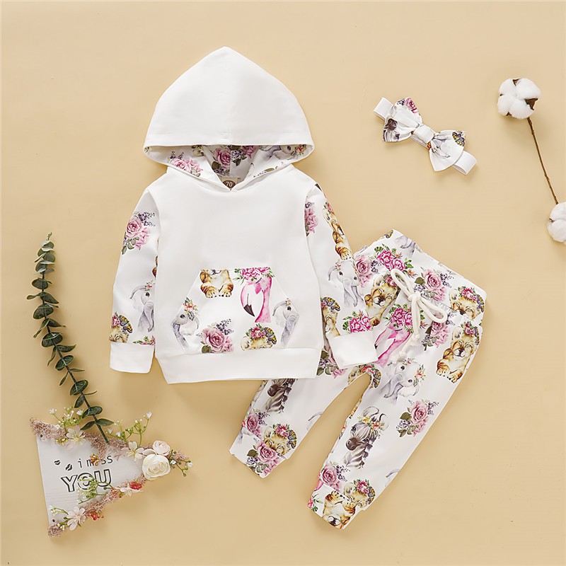 Mikrdoo Bộ trang phục 3 món áo hoodie dài tay + quần + băng đô in hoa xinh xắn cho bé gái sơ sinh