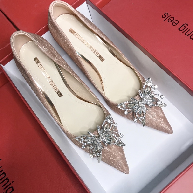 Giày cao gót 8p bọc lụa nhũ đính đá nơ siêu hot hit Full box hàng nhập QCCC RH-828-30