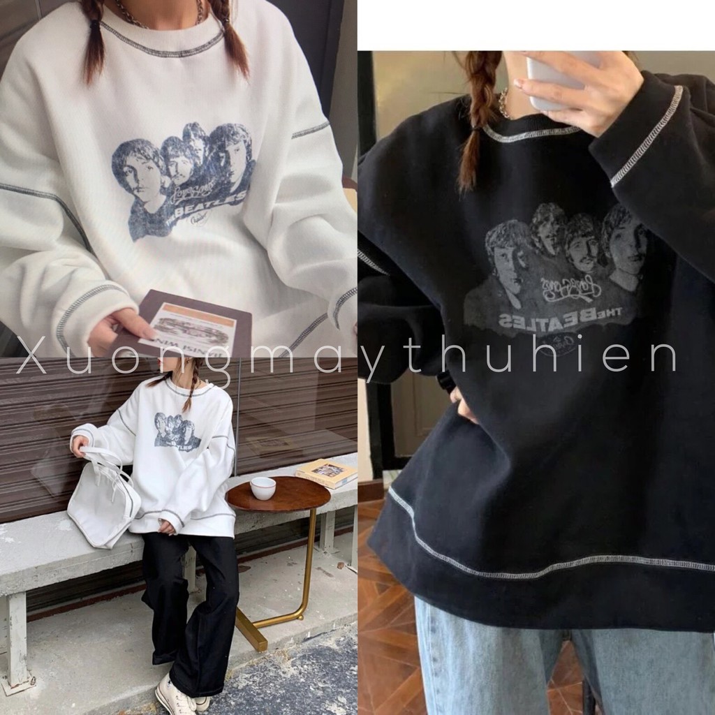 Áo nỉ sweater cổ tròn thêu chỉ nổi BEATLES form rộng ulzzang/ Áo hoodie dài tay nam nữ 2 màu xinh xắn_xuongmaythuhien