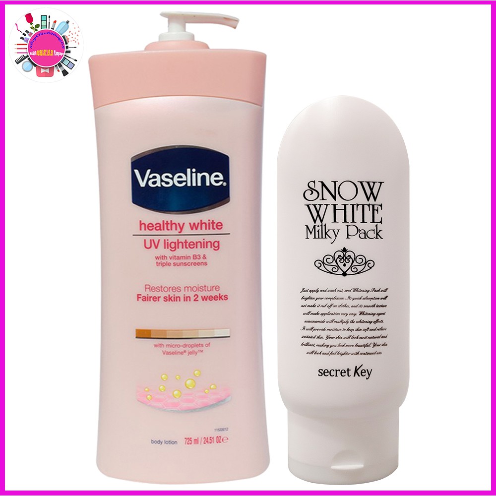 Dưỡng Thể VASELINE + Kem Dưỡng SNOW WHITE SECRET KEY + Muối Tẩy Tế Bào Chết A BONNE (COMBO)