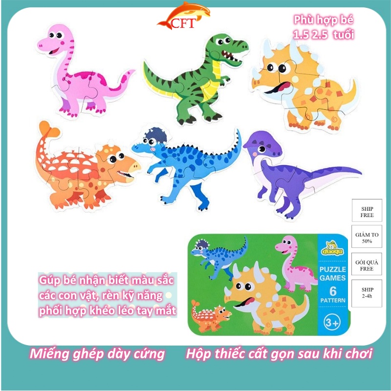 Xêp Hình Cho Bé Từ 2 Tuổi Bộ Ghép Hình Puzzle 3 Đến 6 Mảnh Hộp Sắt Cao Cấp 5 Chủ Đề Con Vật Ô Tô Khủng Long