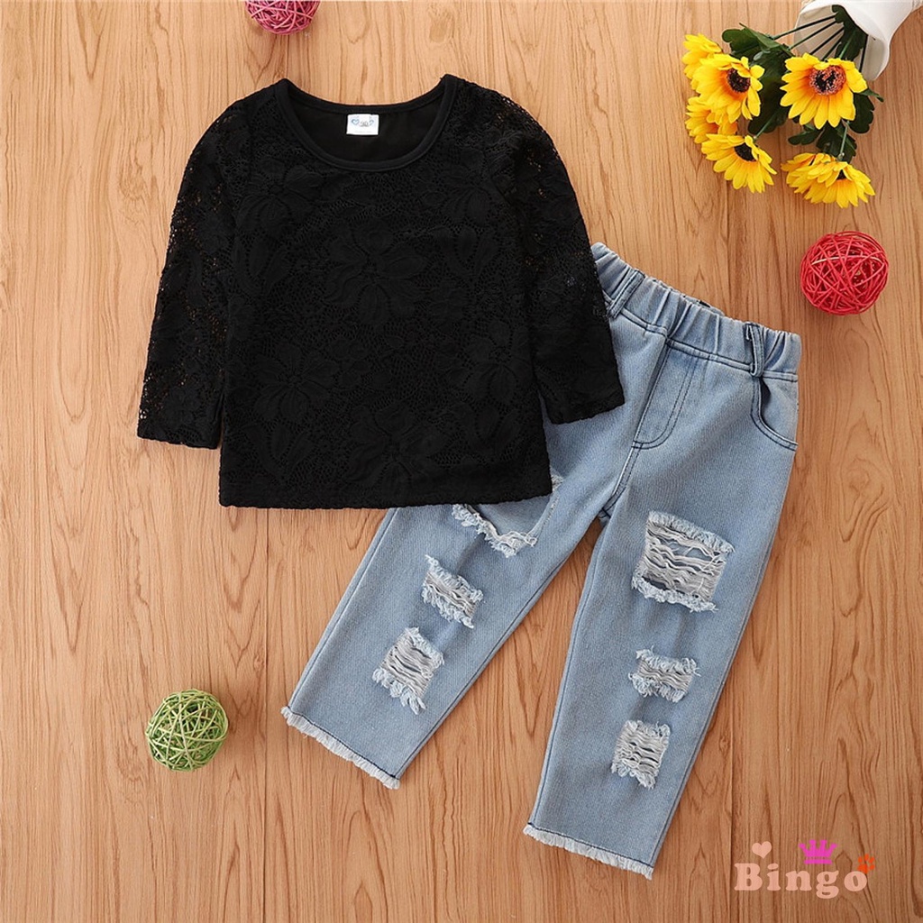 Set đồ 2 món gồm áo cổ tròn tay dài màu trơn phối ren + quần jean rách lưng thun co giãn thời trang mùa thu cho bé gái 1-6 tuổi
